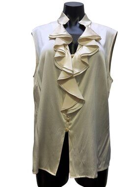 St John Silk Sleeveless Blouse With Ruffle Front Ivory Size 14